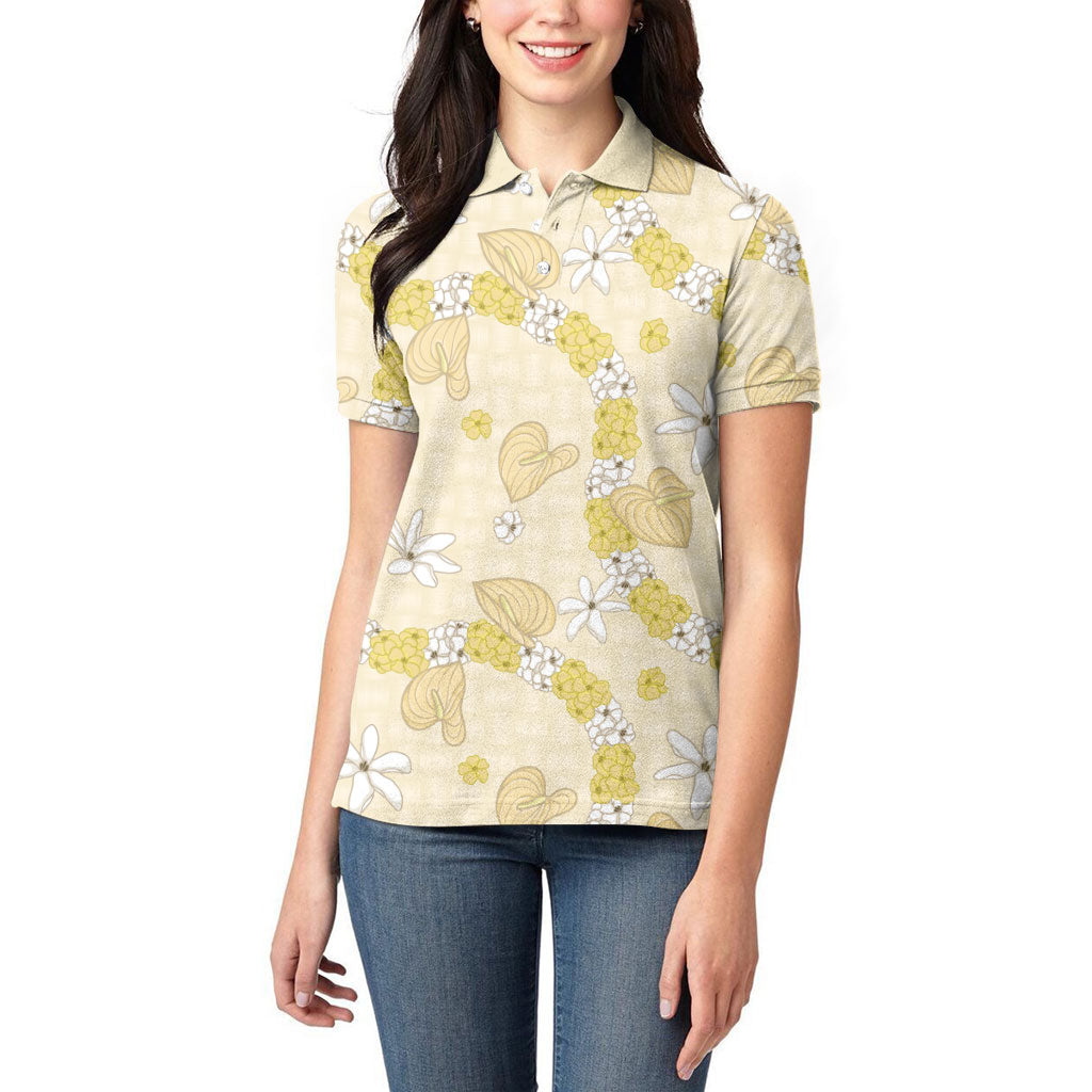 Hawaii Anthurium Tiare Pikake Lei Women Polo Shirt Melemele Lauhala Art Pattern