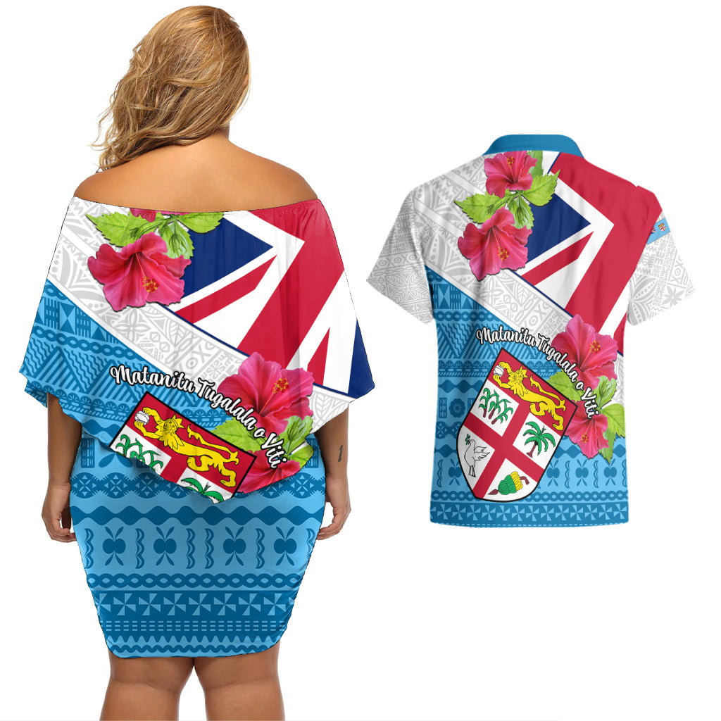 Fiji Day Couples Matching Off Shoulder Short Dress and Hawaiian Shirt Fijian Hibiscus Special Version LT01 - Polynesian Pride