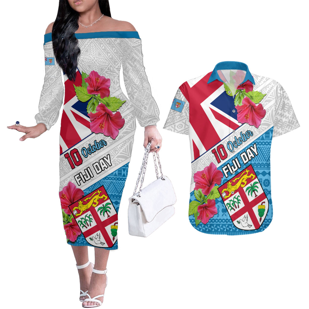 Fiji Day Couples Matching Off The Shoulder Long Sleeve Dress and Hawaiian Shirt Fijian Hibiscus Special Version LT01 White - Polynesian Pride