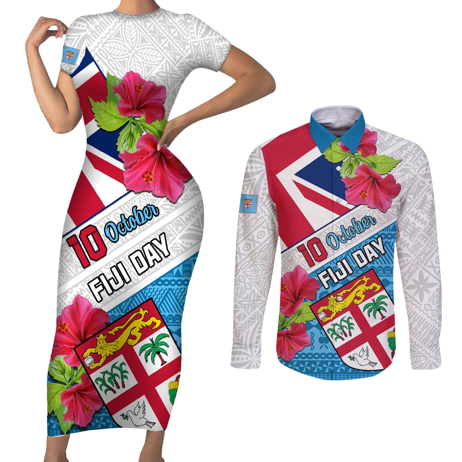 Fiji Day Couples Matching Short Sleeve Bodycon Dress and Long Sleeve Button Shirts Fijian Hibiscus Special Version LT01 White - Polynesian Pride