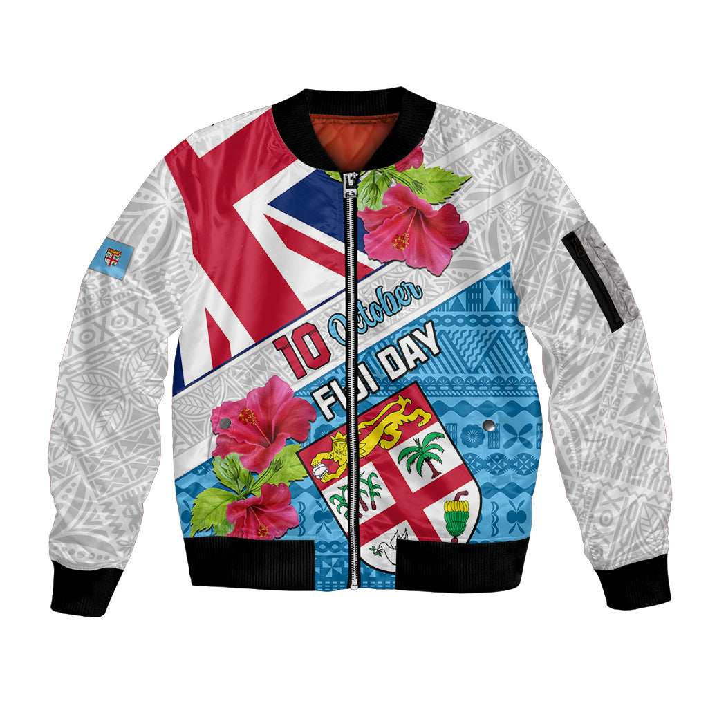 Fiji Day Sleeve Zip Bomber Jacket Fijian Hibiscus Special Version LT01 Unisex White - Polynesian Pride