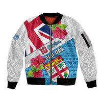 Fiji Day Sleeve Zip Bomber Jacket Fijian Hibiscus Special Version LT01 Unisex White - Polynesian Pride