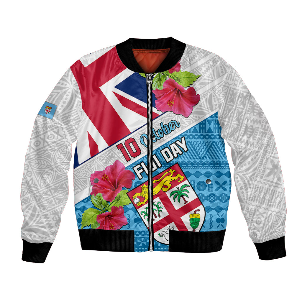 Personalised Fiji Day Bomber Jacket Fijian Hibiscus Special Version LT01 Unisex White - Polynesian Pride