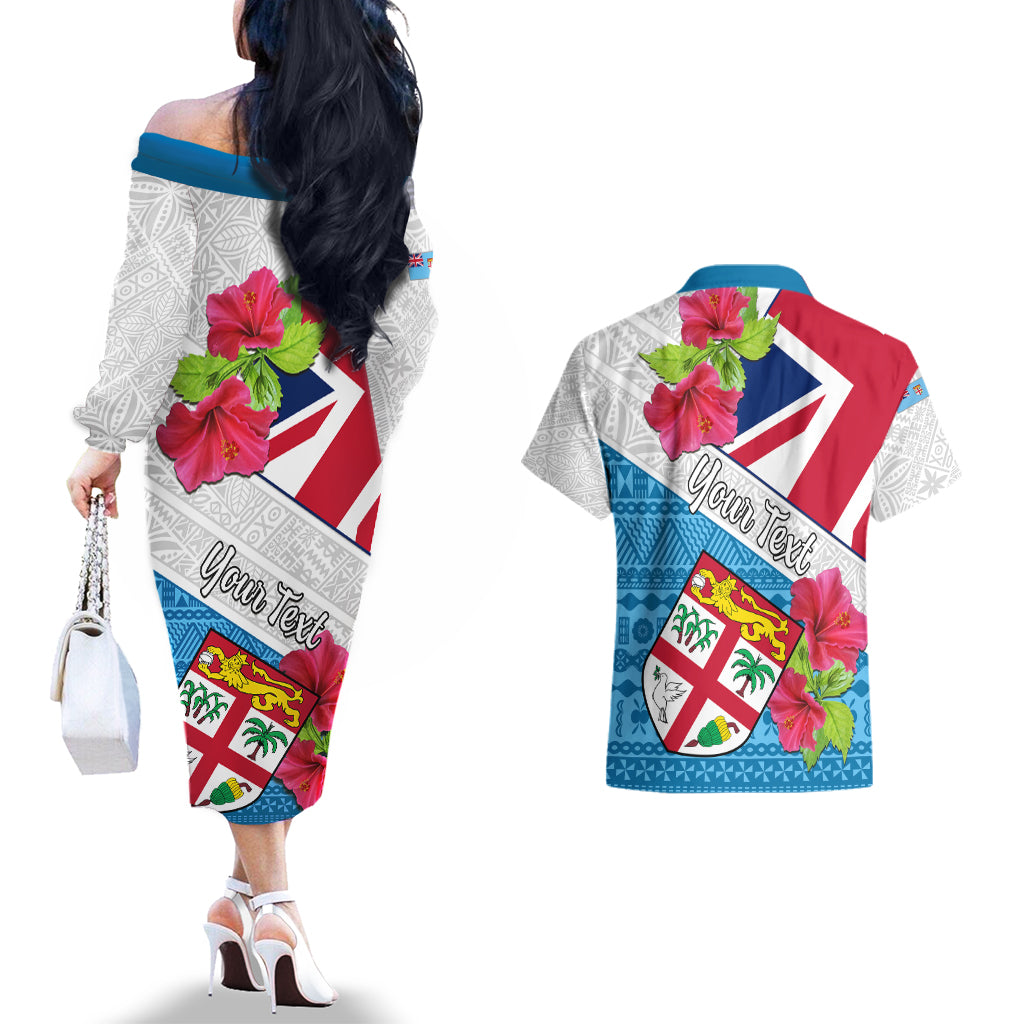 Personalised Fiji Day Couples Matching Off The Shoulder Long Sleeve Dress and Hawaiian Shirt Fijian Hibiscus Special Version LT01 - Polynesian Pride