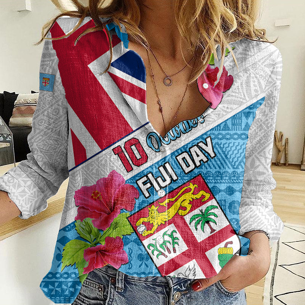 Personalised Fiji Day Women Casual Shirt Fijian Hibiscus Special Version LT01 Female White - Polynesian Pride