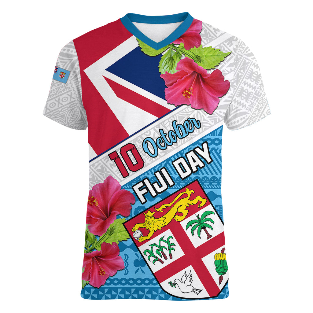 Personalised Fiji Day Women V Neck T Shirt Fijian Hibiscus Special Version LT01 Female White - Polynesian Pride