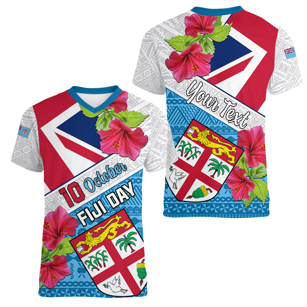 Personalised Fiji Day Women V Neck T Shirt Fijian Hibiscus Special Version LT01 - Polynesian Pride