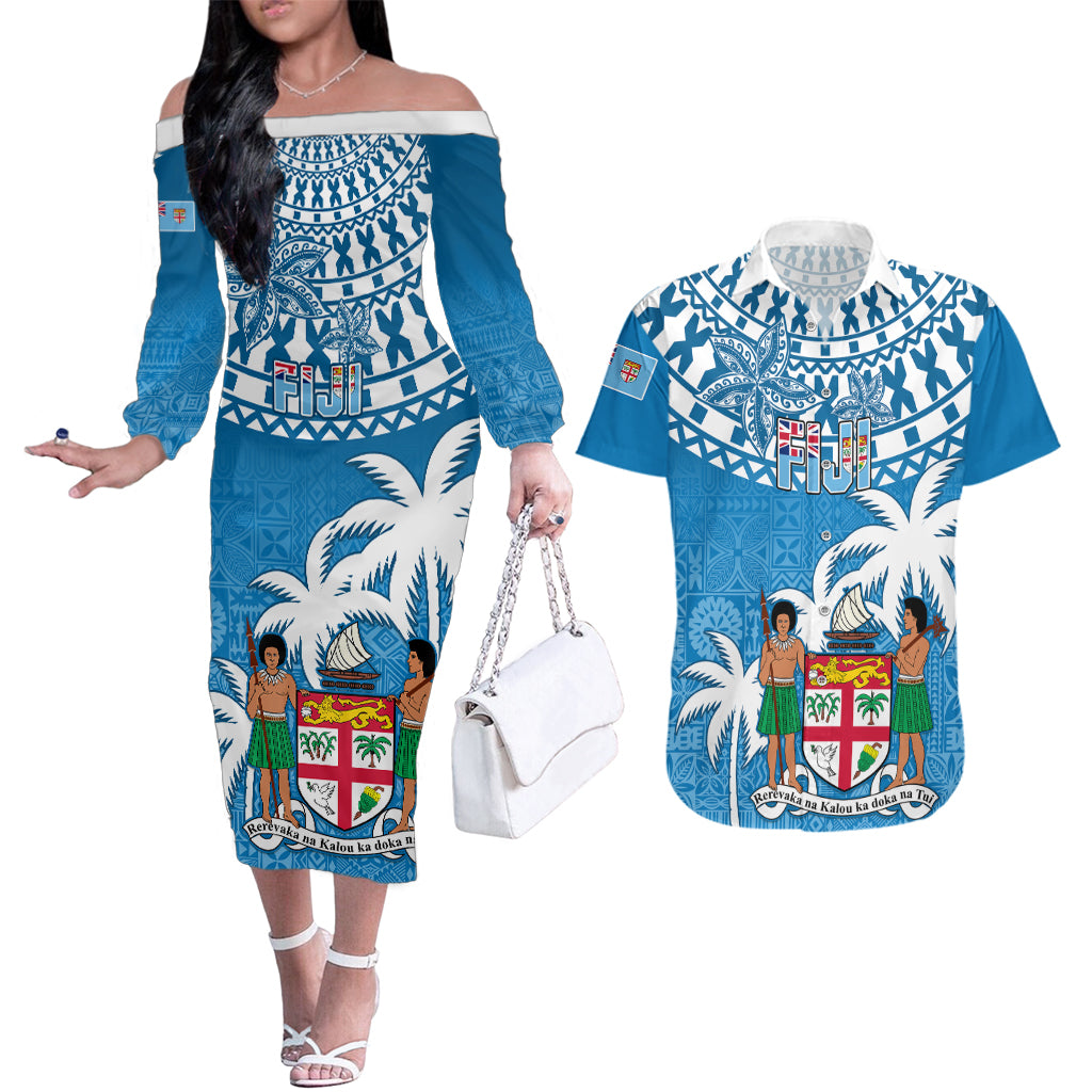 Personalised Fiji Couples Matching Off The Shoulder Long Sleeve Dress and Hawaiian Shirt Bula Fijian Tapa Pattern LT01 Blue - Polynesian Pride