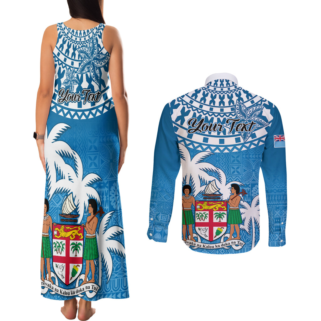 Personalised Fiji Couples Matching Tank Maxi Dress and Long Sleeve Button Shirts Bula Fijian Tapa Pattern LT01 - Polynesian Pride