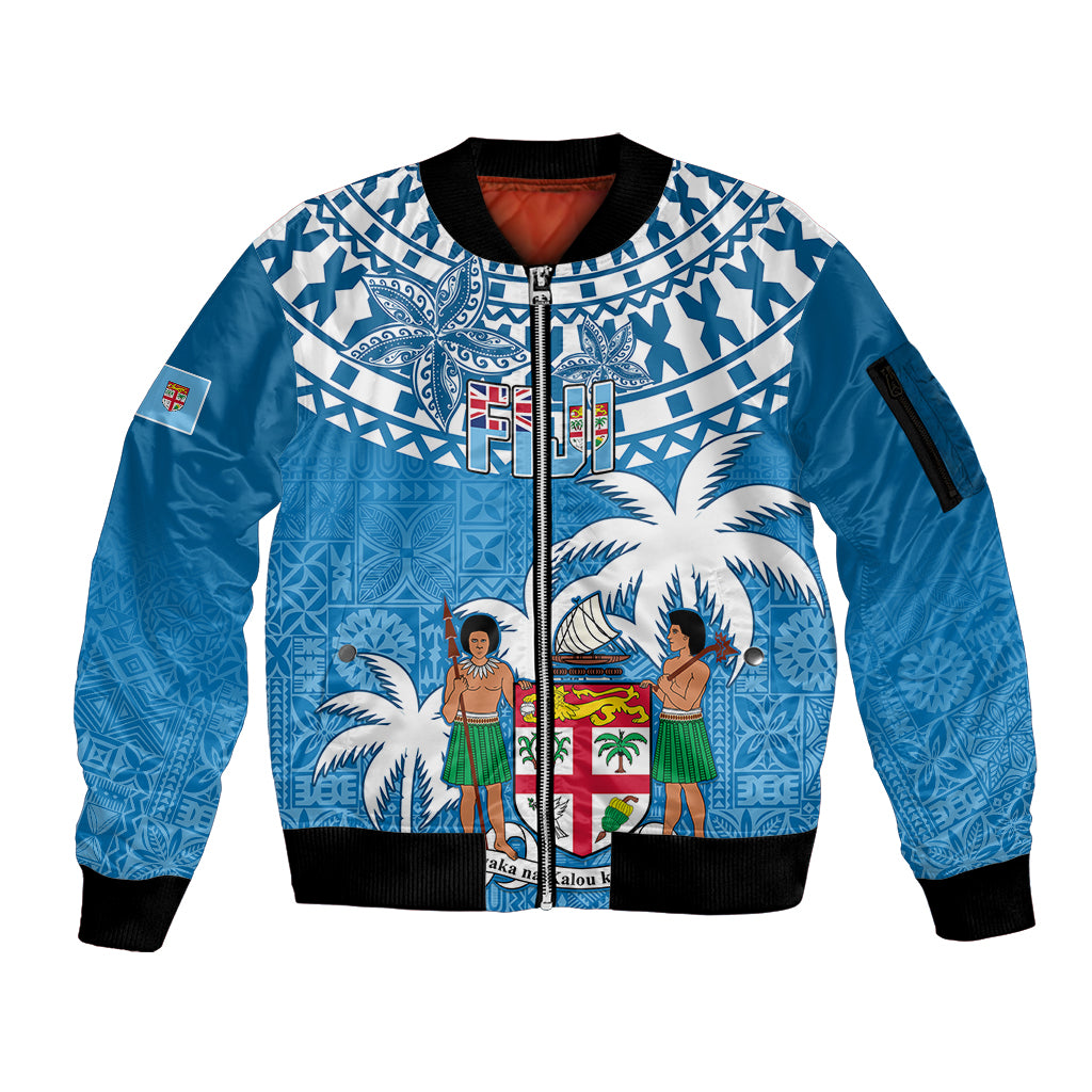 Personalised Fiji Sleeve Zip Bomber Jacket Bula Fijian Tapa Pattern LT01 Unisex Blue - Polynesian Pride