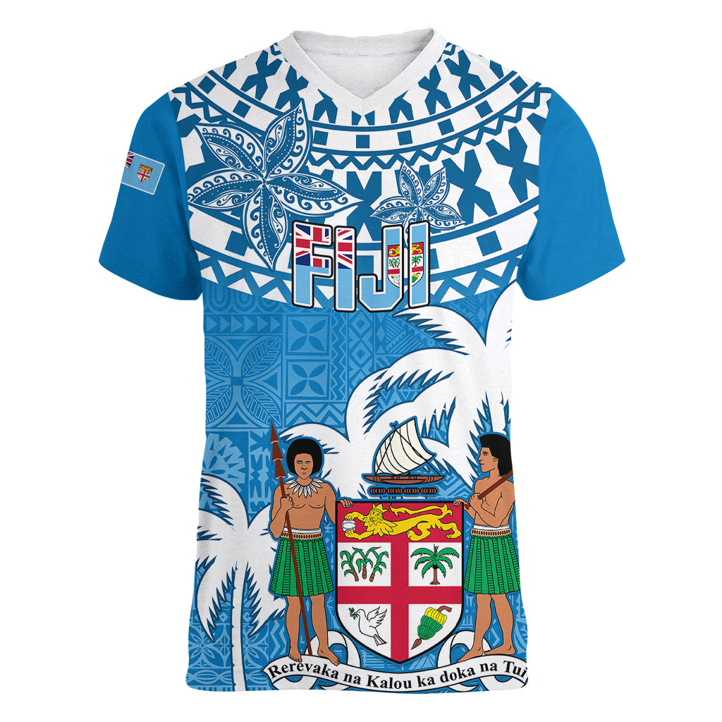 Personalised Fiji Women V Neck T Shirt Bula Fijian Tapa Pattern LT01 Female Blue - Polynesian Pride