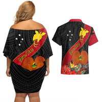 Personalised Papua New Guinea Couples Matching Off Shoulder Short Dress and Hawaiian Shirt Bird Of Paradise With Tropical Flower LT01 - Polynesian Pride