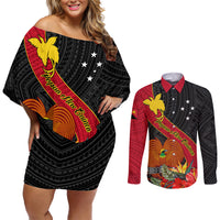 Personalised Papua New Guinea Couples Matching Off Shoulder Short Dress and Long Sleeve Button Shirts Bird Of Paradise With Tropical Flower LT01 Black - Polynesian Pride