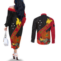 Personalised Papua New Guinea Couples Matching Off The Shoulder Long Sleeve Dress and Long Sleeve Button Shirts Bird Of Paradise With Tropical Flower LT01 - Polynesian Pride