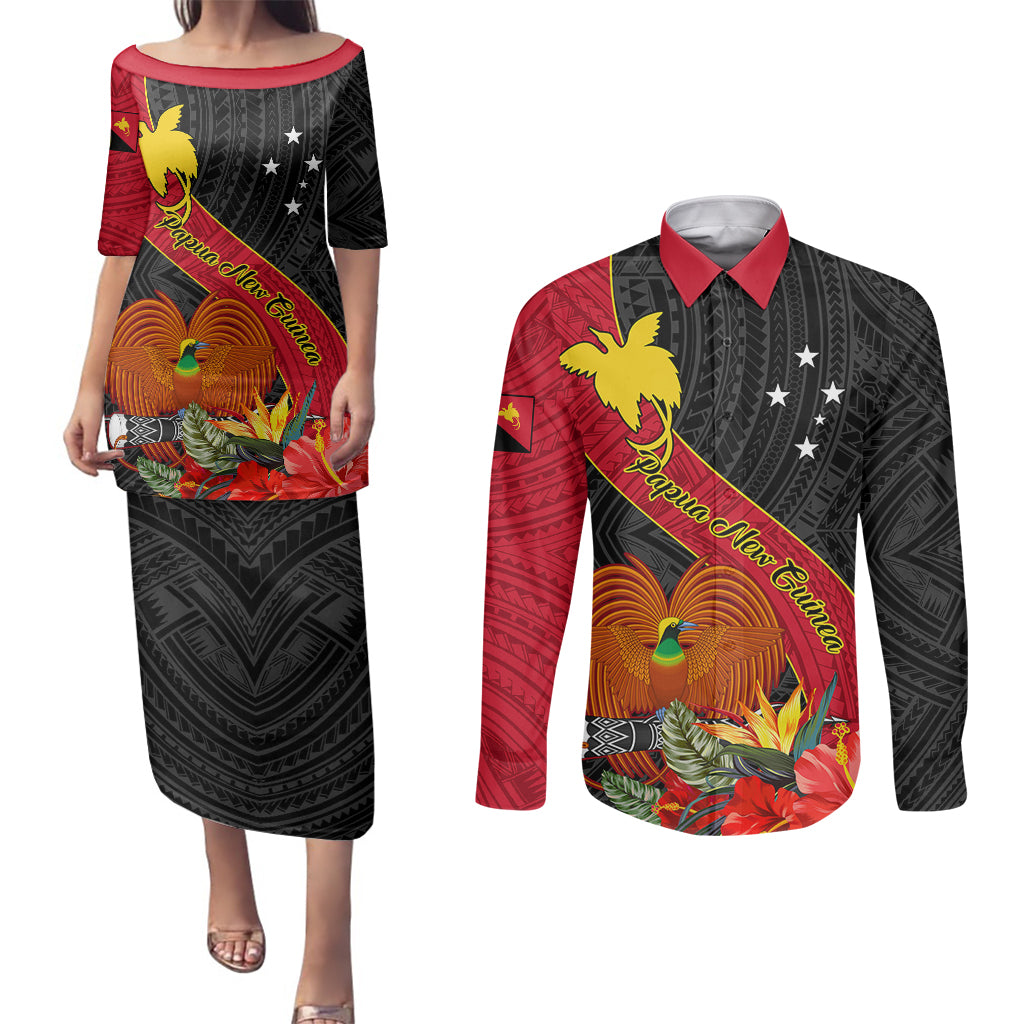 Personalised Papua New Guinea Couples Matching Puletasi Dress and Long Sleeve Button Shirts Bird Of Paradise With Tropical Flower LT01 Black - Polynesian Pride