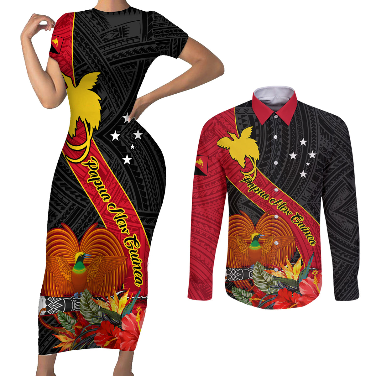 Personalised Papua New Guinea Couples Matching Short Sleeve Bodycon Dress and Long Sleeve Button Shirts Bird Of Paradise With Tropical Flower LT01 Black - Polynesian Pride
