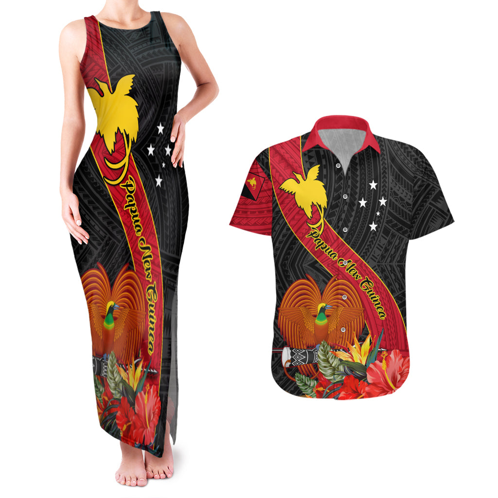 Personalised Papua New Guinea Couples Matching Tank Maxi Dress and Hawaiian Shirt Bird Of Paradise With Tropical Flower LT01 Black - Polynesian Pride
