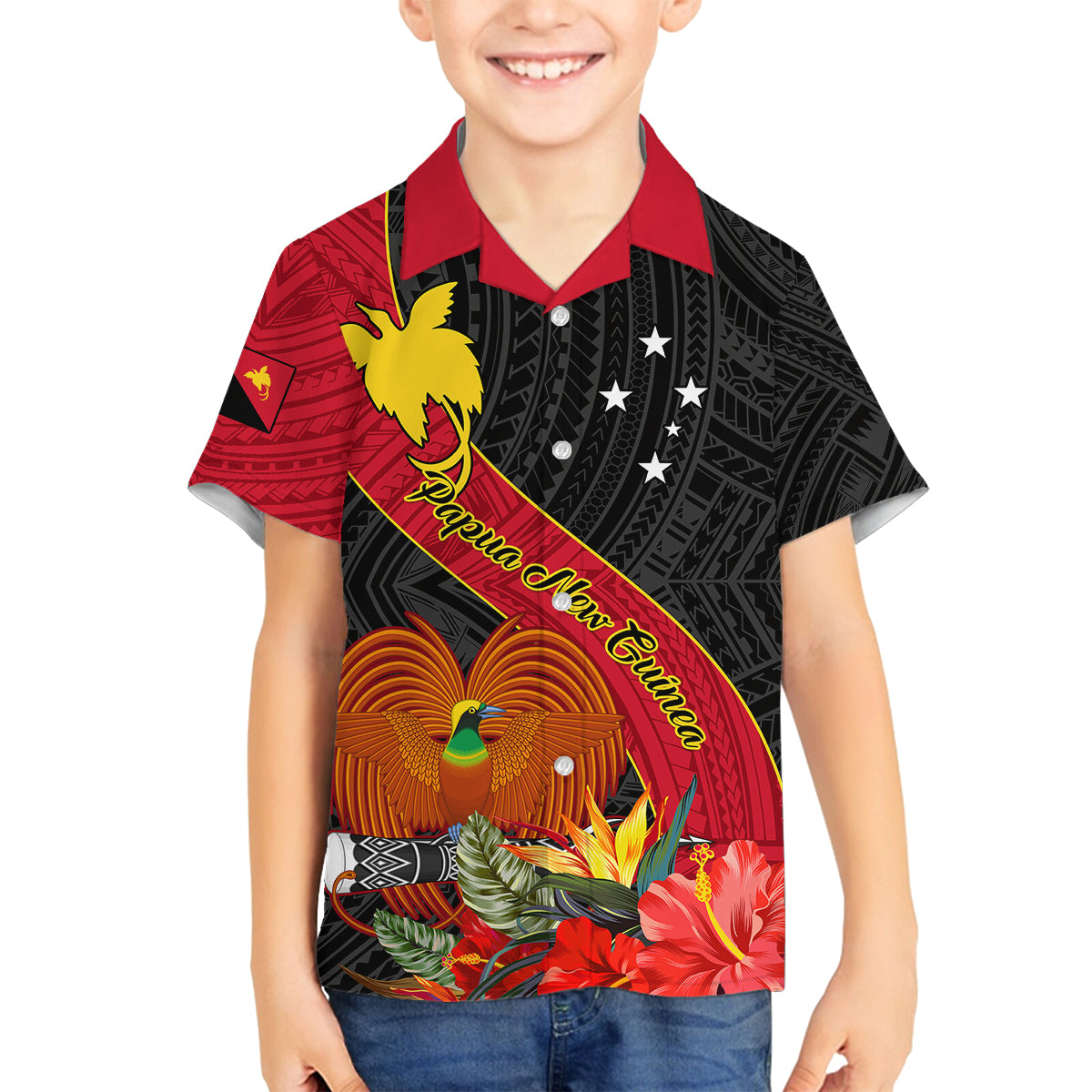Personalised Papua New Guinea Family Matching Puletasi Dress and Hawaiian Shirt Bird Of Paradise With Tropical Flower LT01 Son's Shirt Black - Polynesian Pride