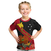 Personalised Papua New Guinea Kid T Shirt Bird Of Paradise With Tropical Flower LT01 Black - Polynesian Pride