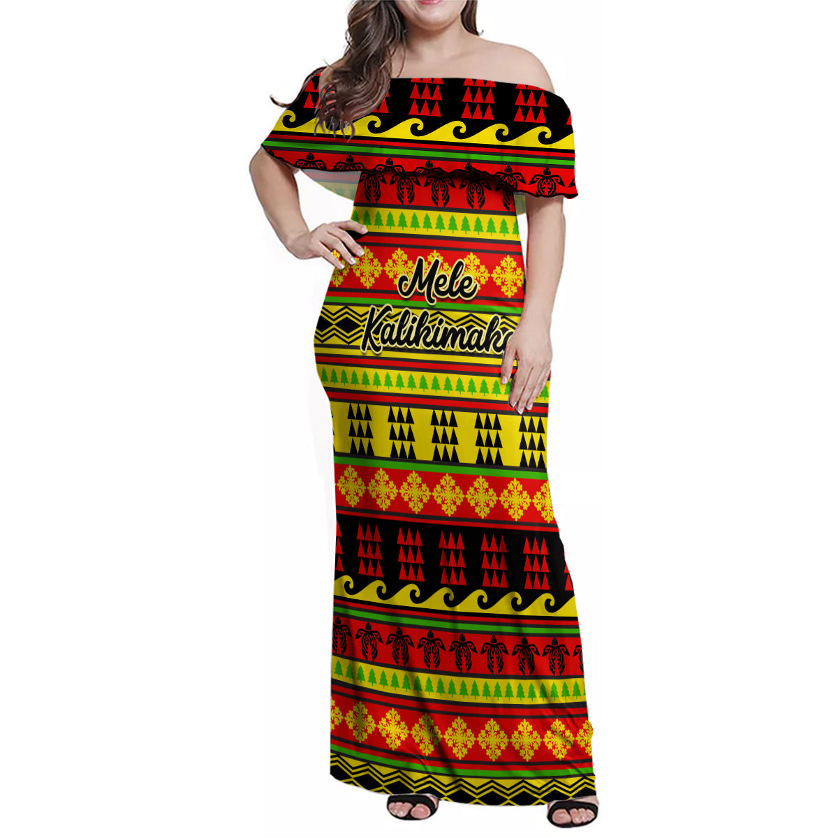 Custom Hawaii Christmas Family Matching Off Shoulder Maxi Dress and Hawaiian Shirt Hawaiian Quilt Pattern Reggae Version LT01 Mom's Dress Art - Polynesian Pride