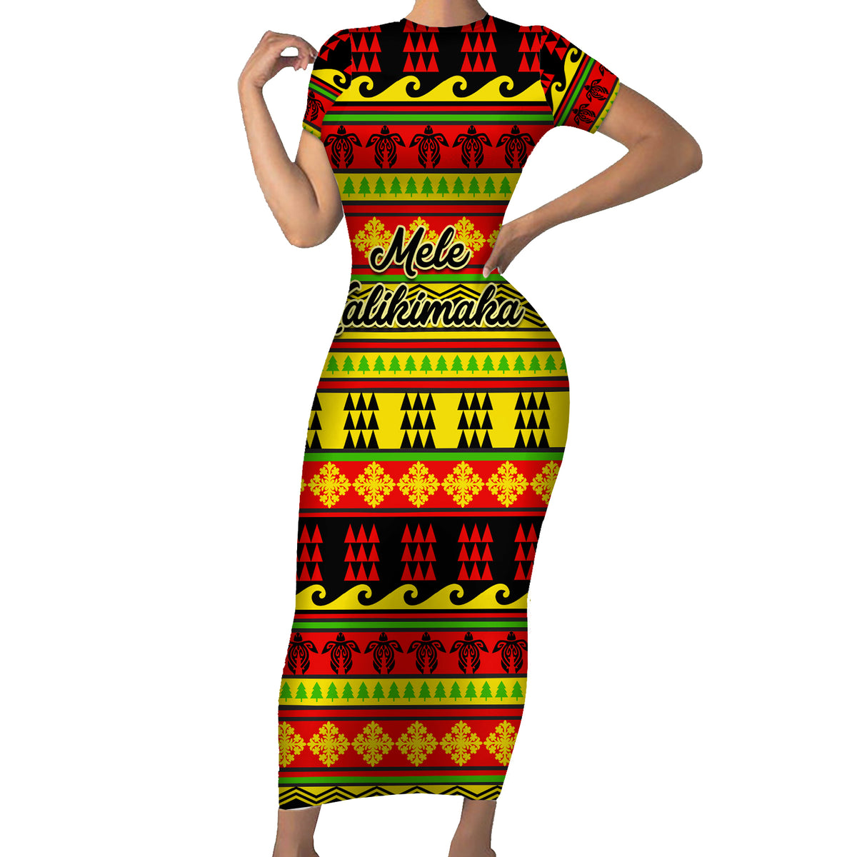 Custom Hawaii Christmas Family Matching Short Sleeve Bodycon Dress and Hawaiian Shirt Hawaiian Quilt Pattern Reggae Version LT01 Mom's Dress Art - Polynesian Pride