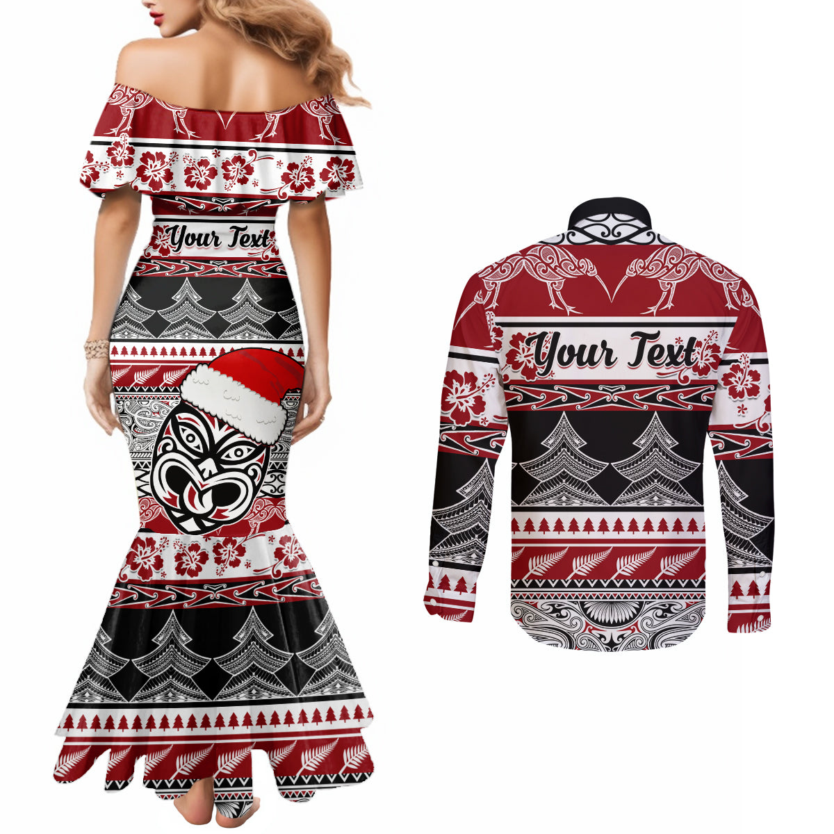 Custom New Zealand Christmas Couples Matching Mermaid Dress and Long Sleeve Button Shirt Maori Meri Kirihimete Moko LT01 - Polynesian Pride