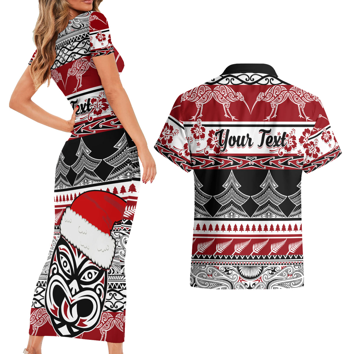 Custom New Zealand Christmas Couples Matching Short Sleeve Bodycon Dress and Hawaiian Shirt Maori Meri Kirihimete Moko LT01 - Polynesian Pride