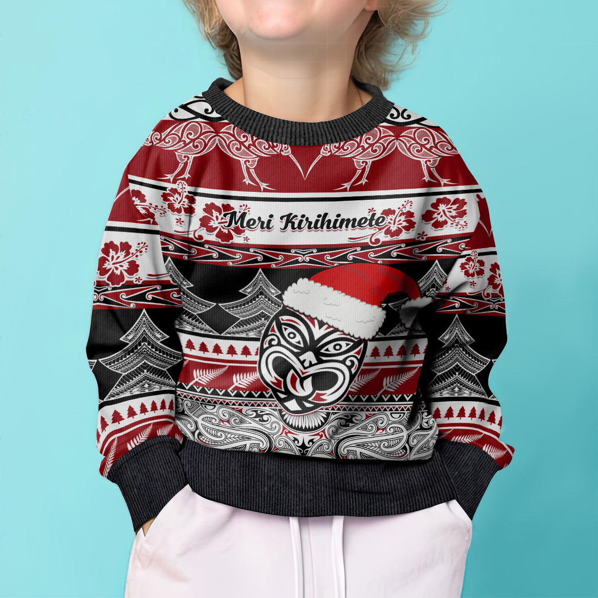 Personalised New Zealand Christmas Kid Ugly Christmas Sweater Maori Meri Kirihimete Moko LT01 - Polynesian Pride