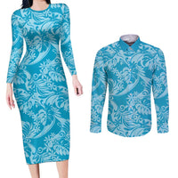 Tahiti Ninamu Tiare Floral Couples Matching Long Sleeve Bodycon Dress and Long Sleeve Button Shirt Monstera Palm Tropical Leaves - Polynesian Pride
