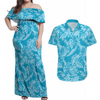 Tahiti Ninamu Tiare Floral Couples Matching Off Shoulder Maxi Dress and Hawaiian Shirt Monstera Palm Tropical Leaves - Polynesian Pride