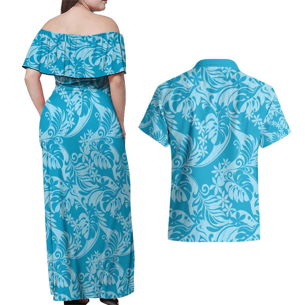 Tahiti Ninamu Tiare Floral Couples Matching Off Shoulder Maxi Dress and Hawaiian Shirt Monstera Palm Tropical Leaves - Polynesian Pride