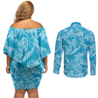 Tahiti Ninamu Tiare Floral Couples Matching Off Shoulder Short Dress and Long Sleeve Button Shirt Monstera Palm Tropical Leaves - Polynesian Pride