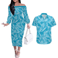 Tahiti Ninamu Tiare Floral Couples Matching Off The Shoulder Long Sleeve Dress and Hawaiian Shirt Monstera Palm Tropical Leaves - Polynesian Pride
