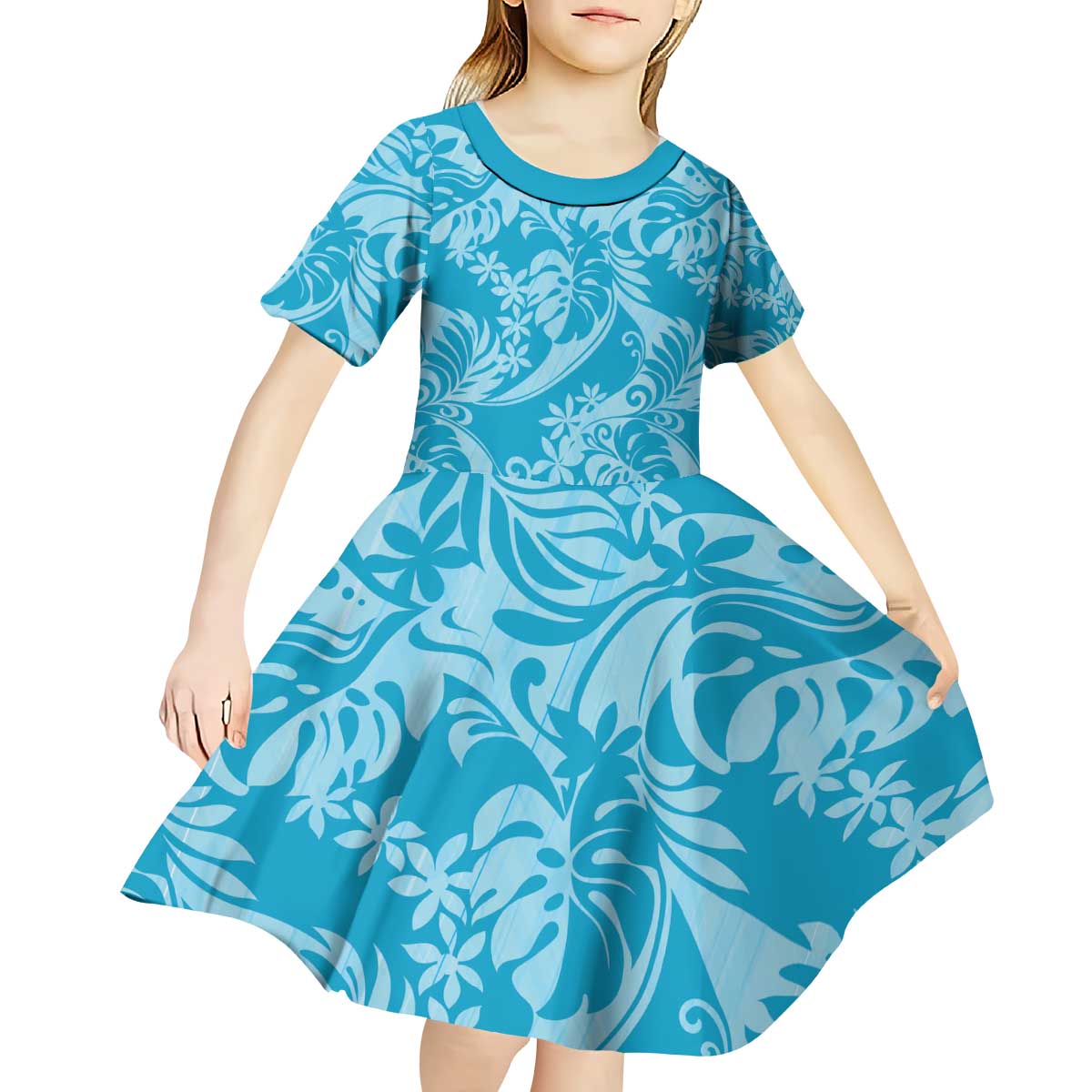 Tahiti Ninamu Tiare Floral Kid Short Sleeve Dress Monstera Palm Tropical Leaves - Polynesian Pride
