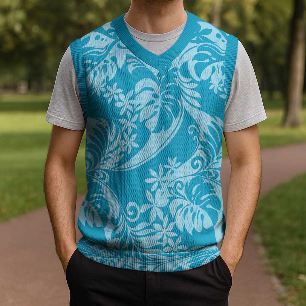 Tahiti Ninamu Tiare Floral Christmas Knitted V-Neck Vest Monstera Palm Tropical Leaves - Polynesian Pride