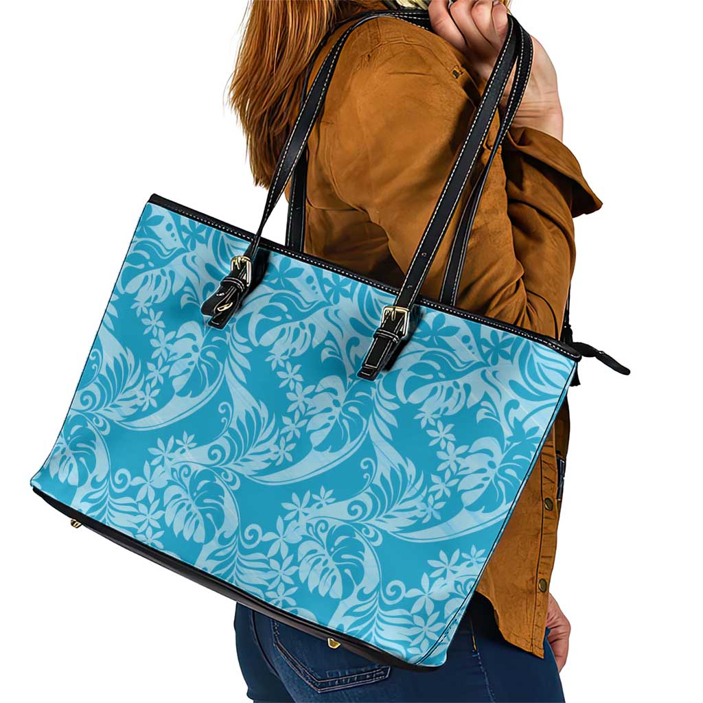 Tahiti Ninamu Tiare Floral Leather Tote Bag Monstera Palm Tropical Leaves - Polynesian Pride