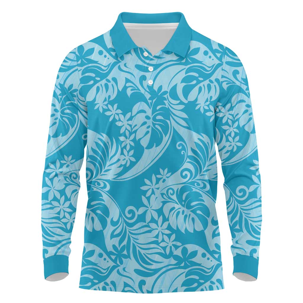 Tahiti Ninamu Tiare Floral Long Sleeve Polo Shirt Monstera Palm Tropical Leaves - Polynesian Pride
