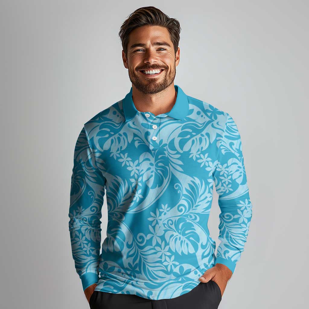 Tahiti Ninamu Tiare Floral Long Sleeve Polo Shirt Monstera Palm Tropical Leaves - Polynesian Pride