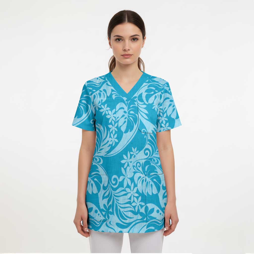 Tahiti Ninamu Tiare Floral Scrub Top Monstera Palm Tropical Leaves - Polynesian Pride