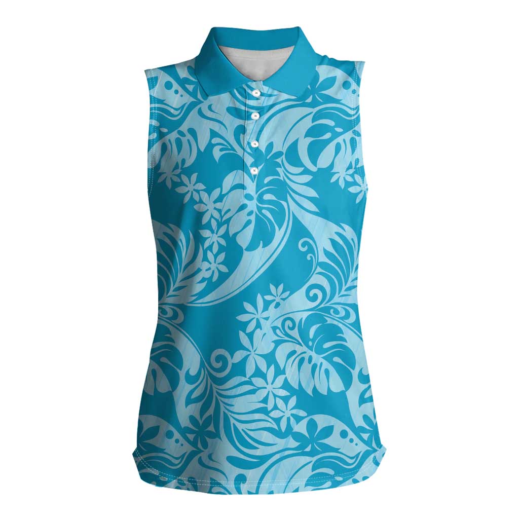 Tahiti Ninamu Tiare Floral Women Sleeveless Polo Shirt Monstera Palm Tropical Leaves - Polynesian Pride