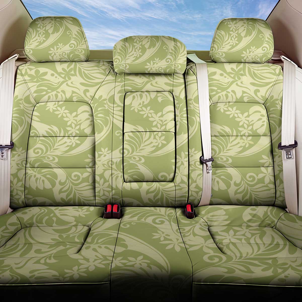 Tahiti Olive Tiare Floral Back Car Seat Cover Monstera Palm Tropical Leaves - Polynesian Pride