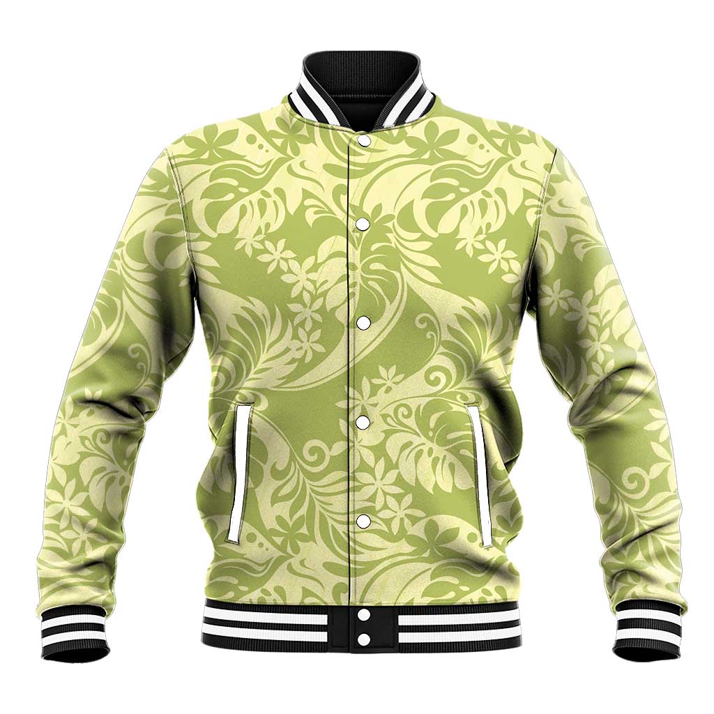 Tahiti Olive Tiare Floral Baseball Jacket Monstera Palm Tropical Leaves - Polynesian Pride