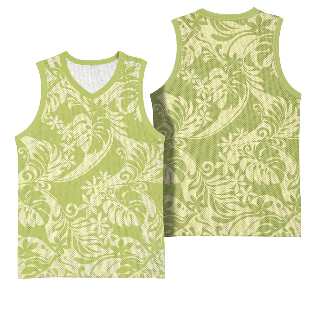 Tahiti Olive Tiare Floral Basketball Jersey Monstera Palm Tropical Leaves - Polynesian Pride