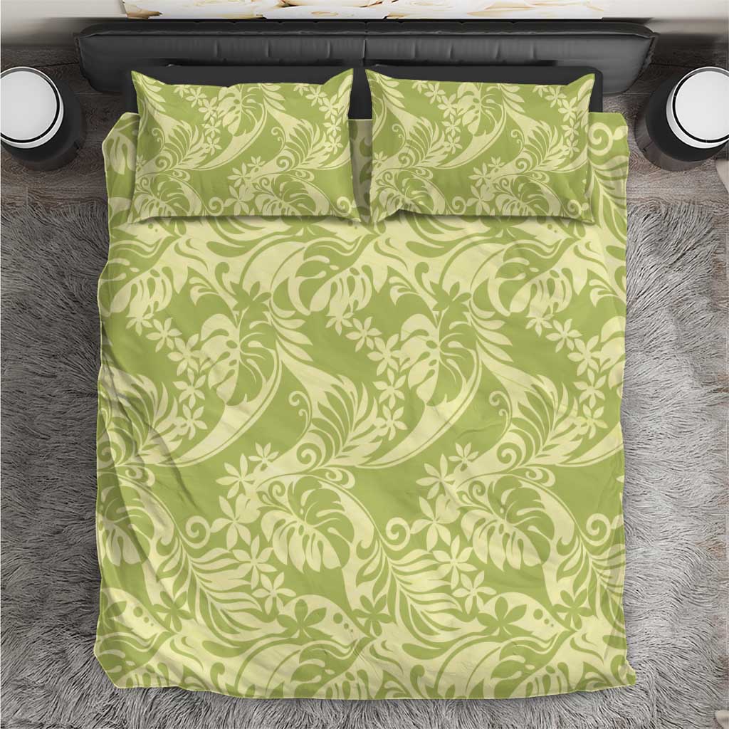 Tahiti Olive Tiare Floral Bedding Set Monstera Palm Tropical Leaves - Polynesian Pride