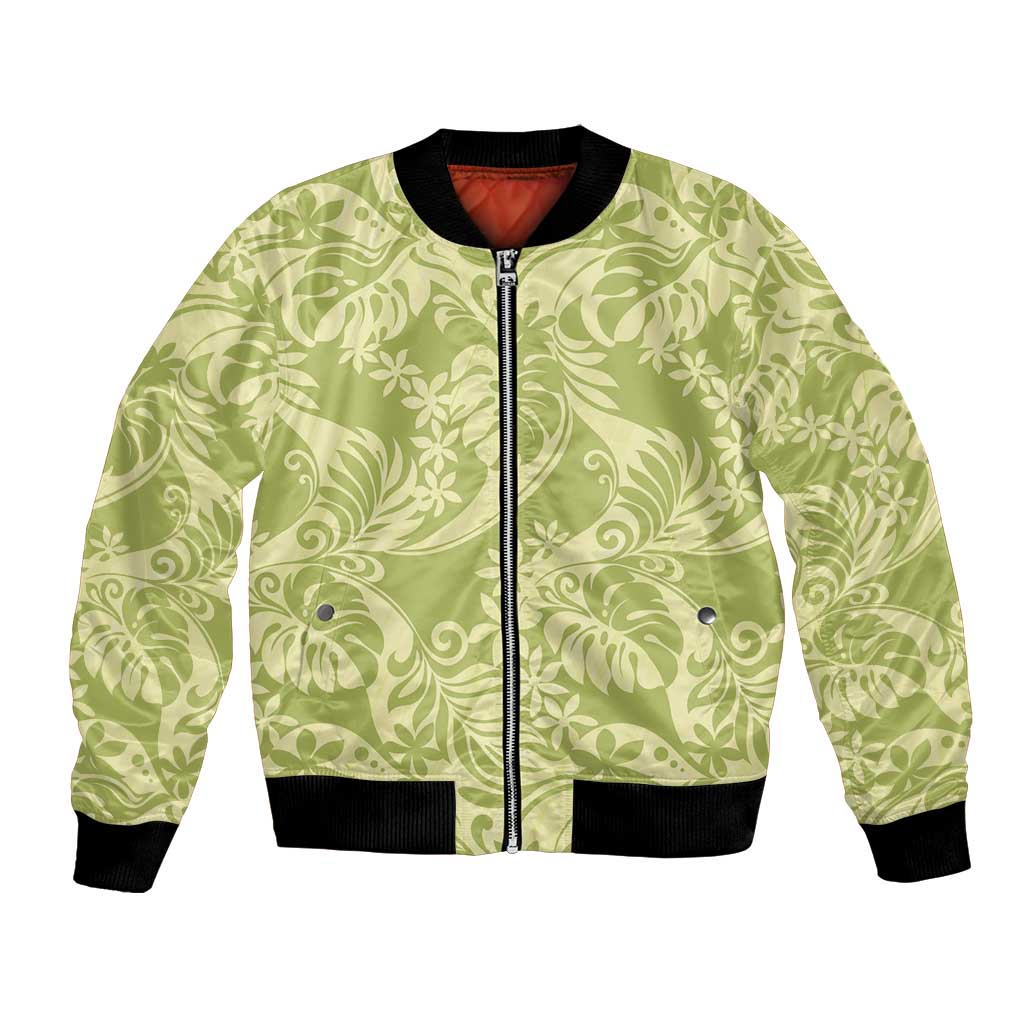 Tahiti Olive Tiare Floral Bomber Jacket Monstera Palm Tropical Leaves - Polynesian Pride