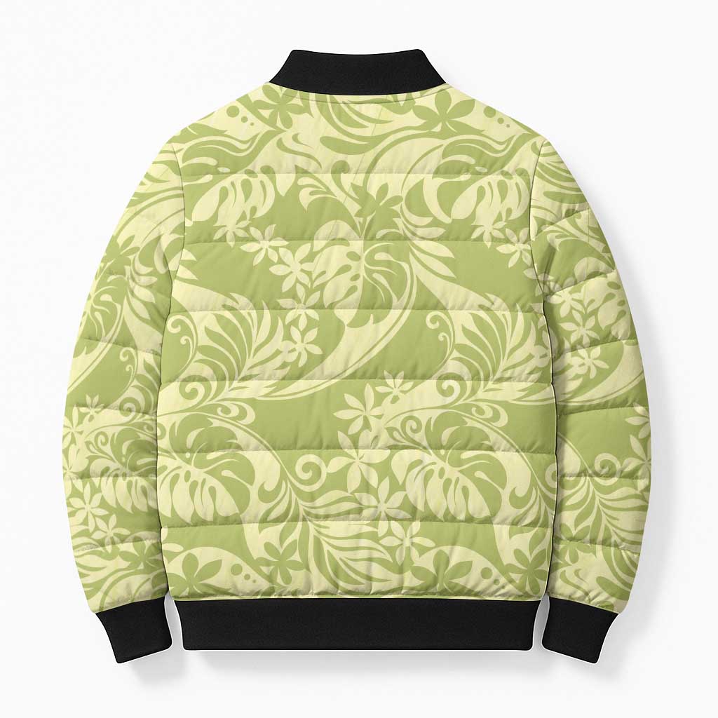 Tahiti Olive Tiare Floral Bomber Puffer Jacket Monstera Palm Tropical Leaves - Polynesian Pride