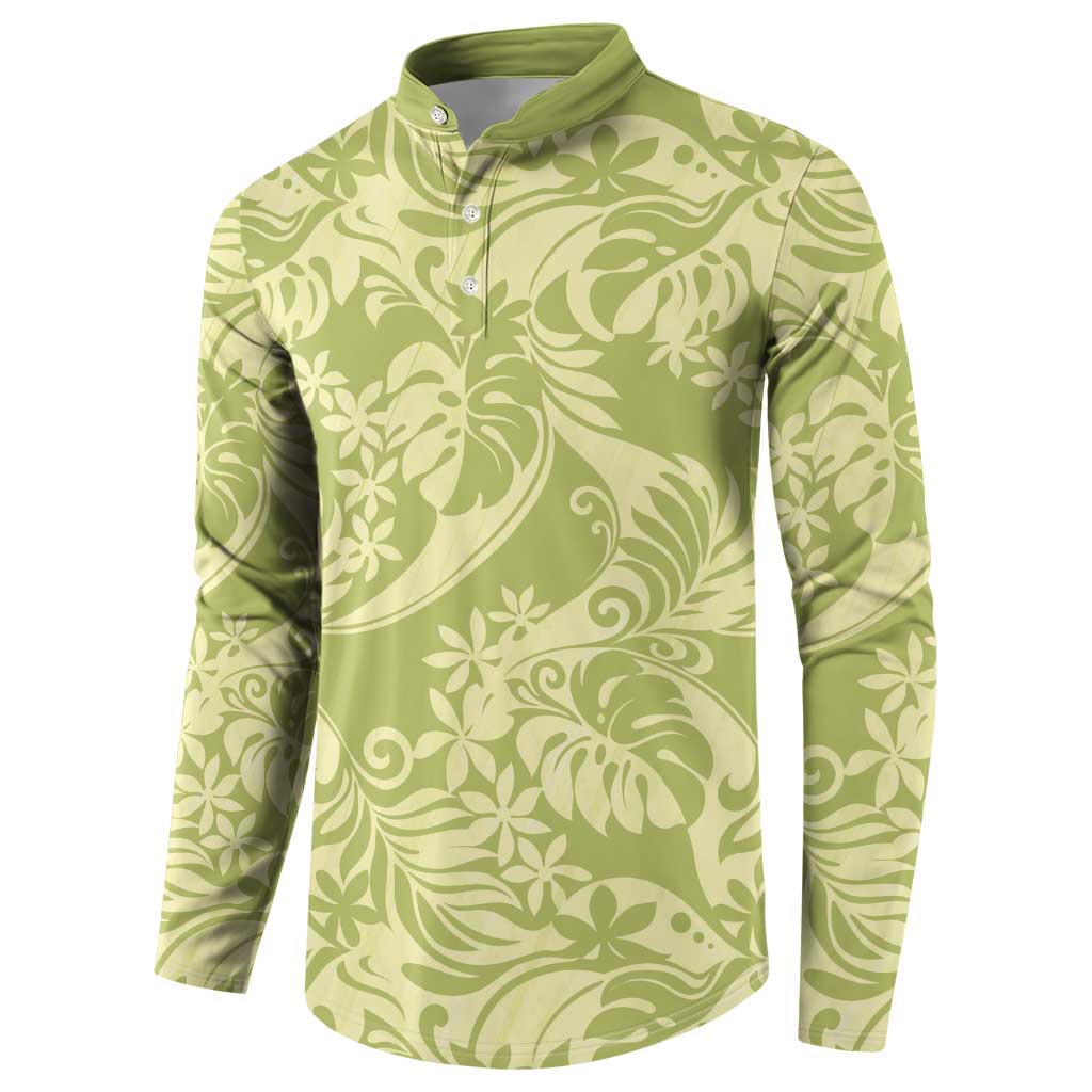 Tahiti Olive Tiare Floral Button Sweatshirt Monstera Palm Tropical Leaves - Polynesian Pride