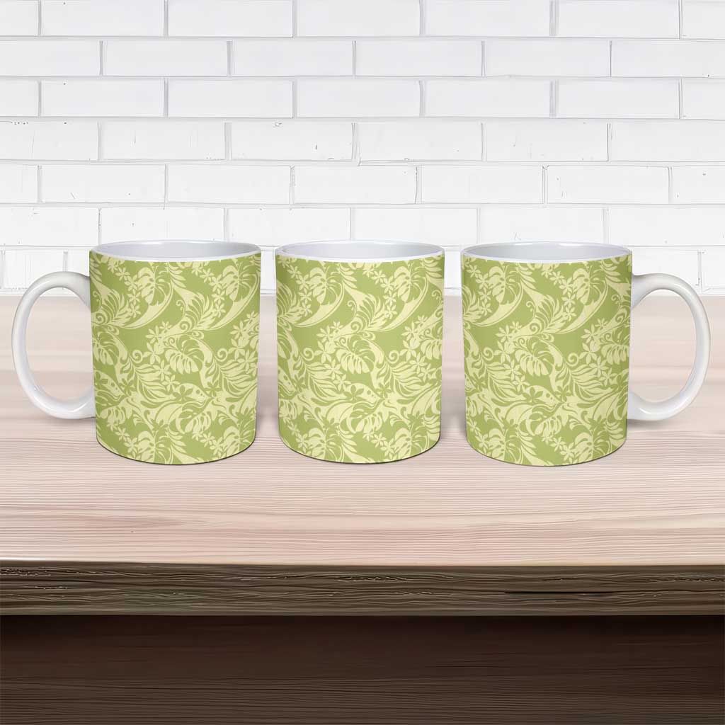 Tahiti Olive Tiare Floral Ceramic Mug Monstera Palm Tropical Leaves - Polynesian Pride