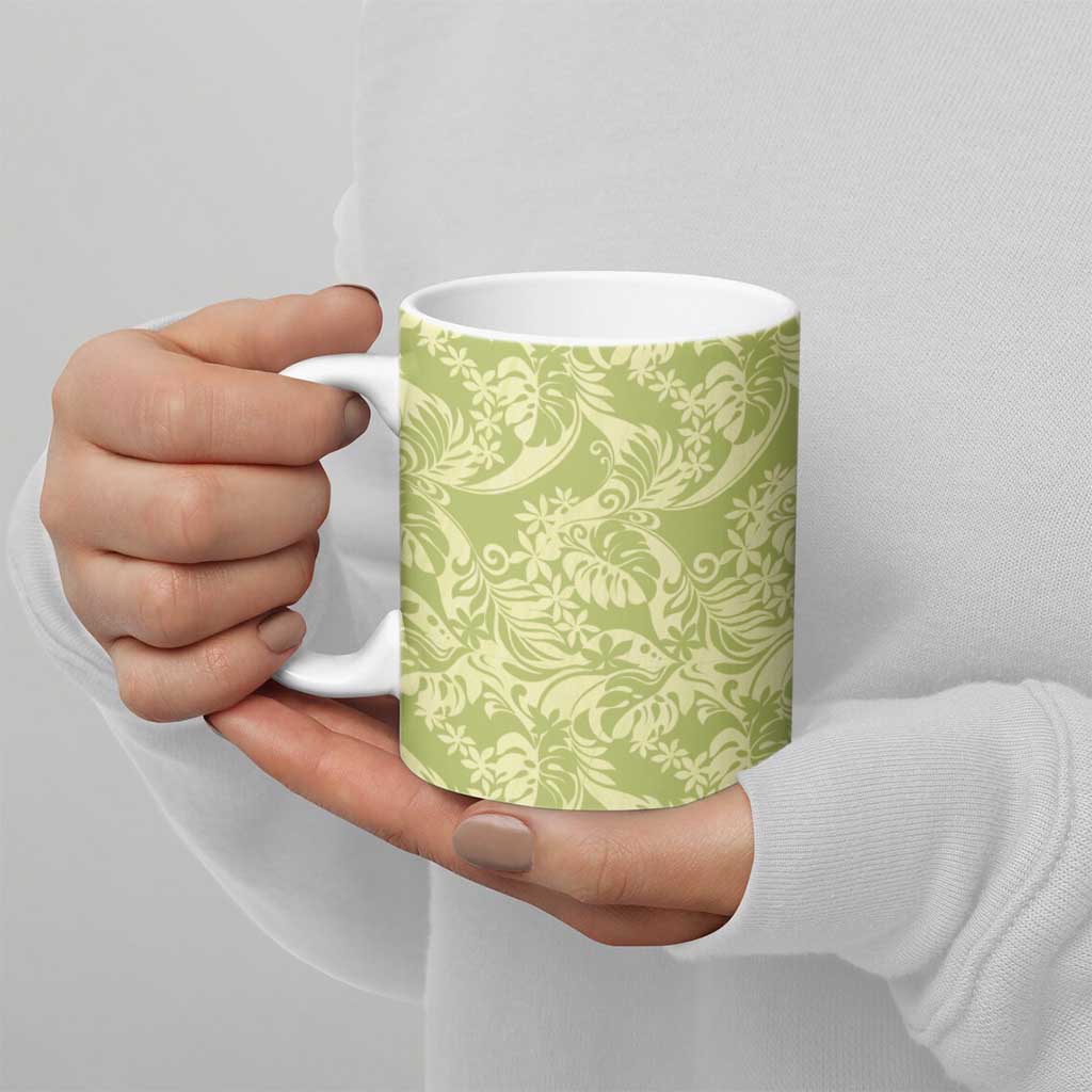 Tahiti Olive Tiare Floral Ceramic Mug Monstera Palm Tropical Leaves - Polynesian Pride
