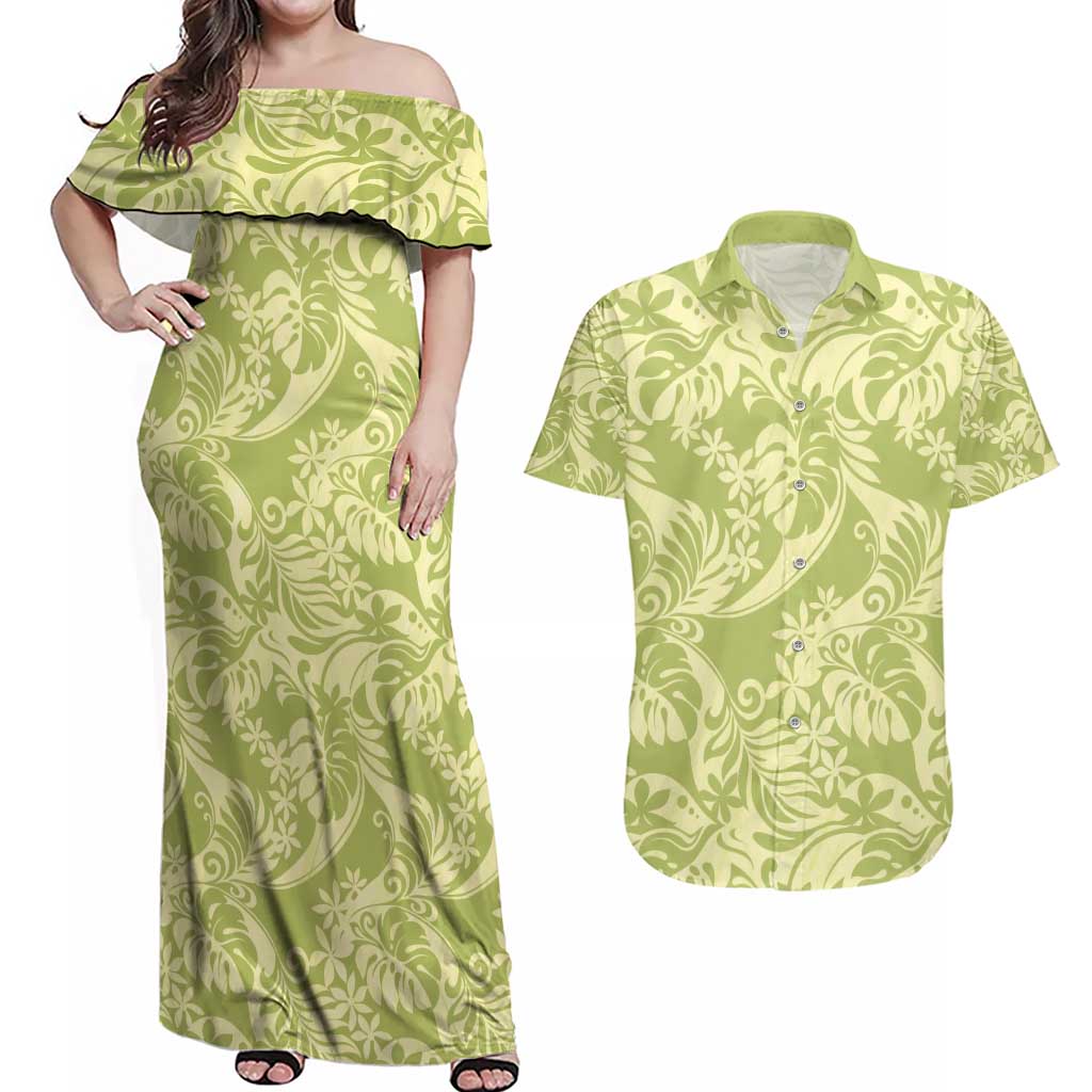 Tahiti Olive Tiare Floral Couples Matching Off Shoulder Maxi Dress and Hawaiian Shirt Monstera Palm Tropical Leaves - Polynesian Pride